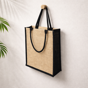 Sac fourre-tout en jute laminé bio avec logo personnalisé, design bicolore élégant, fermeture éclair avec fenêtre en PVC, sac de shopping réutilisable et écologique - Product Image 3