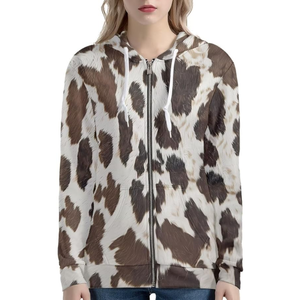 Sweat-shirts à capuche pour femmes en polyester polaire de haute qualité, à motif animalier en cuir de vache marron, avec fermeture éclair, chauds et coupe décontractée, vente en gros - Product Image 1