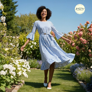 Robe évasée rayée bleue et blanche pour femmes, robe d'été décontractée en coton A-Line Midi, qualité d'exportation de mode mondiale, vente en gros - Product Image 4