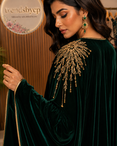 Robe Abaya élégante en velours, grande taille, pour femmes musulmanes, longue tunique à col en V, manches trois-quarts, longueur au sol, robe de mariage pour l'Aïd al-Fitr - Product Image 5