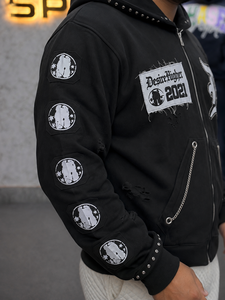 Nouveau sweat à capuche zippé noir oversize pour homme avec logo brodé, style streetwear, en molleton bouclette, avec poches et logo frontal, manches classiques, collection automne - Product Image 2