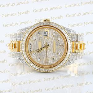 High Quality Pass Diamond Tester Two Tone D VVS Fully Iced Out Moissanite Diamond Baguette Diamond Hip Hop <b>Watch</b> For <b>Men</b> - Product Image 2