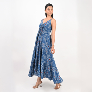 Indian Cotton <b>Boho</b> <b>Dress</b> Casual V-neck Ankle Length Open Back Eco-Friendly Breathable <b>Summer</b> Natural Waist Beach Wear - Product Image 3