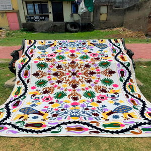Artisan Uzbek Suzani <b>Bedspread</b> with Hand Embroidered <b>Floral</b> Wool Textile Vintage Inspired Bohemian Central Asian Home Decor - Product Image 3