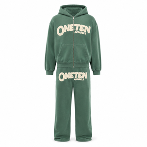 Custom Solid Acid Wash Zip-Up Hoodie and Flare Sweatpants Set Oversized <b>Tracksuit</b> OEM Logo <b>Waterproof</b> Fleece - Product Image 1