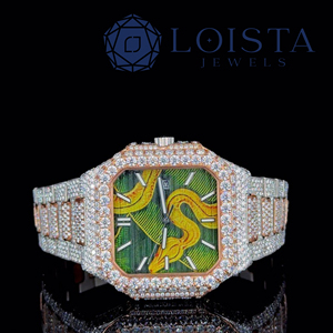 Reloj de pulsera cuadrado de lujo Loista Jewel con detalles en verde, diseño artístico de serpiente amarilla y brazalete de diamantes para hombre - Product Image 1