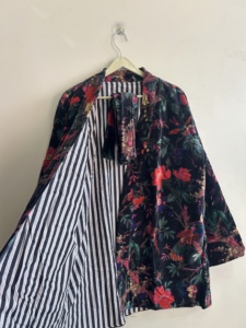 Veste blouson en velours à imprimé floral, manches longues, manteau d'automne pour femme avec ceinture, design plissé - Product Image 6