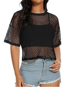 เสื้อยืดตาข่ายซีทรูเซ็กซี่สำหรับผู้หญิง สีดำ แขนสั้น เสื้อครอปสำหรับฤดูร้อน เสื้อตาข่าย - Product Image 5