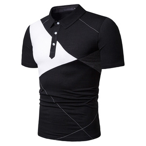 Polo à manches courtes pour homme, noir et blanc, à motifs géométriques, design respirant en tricot, décontracté - Product Image 1
