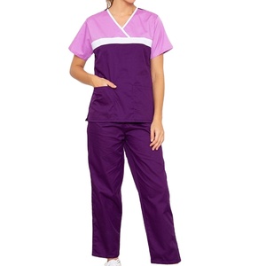 Women <b>Purple</b> V-Neck Short Sleeve Scrub Set Cotton Polyester Woven Hospital Uniforms Pants - Product Image 1