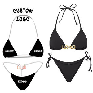 Conjunto de Bikini para Mujer, Top Corto y Tanga, Color Sólido, Traje de Baño Elástico de 2 Piezas con Logotipo Estampado, Ropa de Playa - Product Image 6