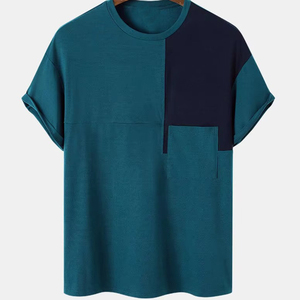 เสื้อยืดแขนสั้นผู้ชาย คอโอ ทรงโอเวอร์ไซส์ ดีไซน์เรียบง่าย สีทูโทน เทอลและน้ำเงินกรมท่า - Product Image 1