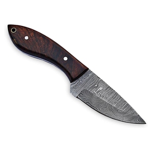 Cuchillo de caza de acero de Damasco de grado industrial, hoja fija tipo Skinner con punta de gota y filo serrado, 4.5mm de grosor, espiga completa, mango de madera y cuero - Product Image 5