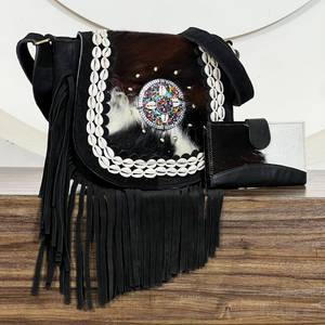 Conjunto de 2 piezas de bolsos de piel auténtica de vaca con flecos, bandolera y cartera de piel con pelo, estilo bohemio occidental, venta al por mayor - Product Image 4
