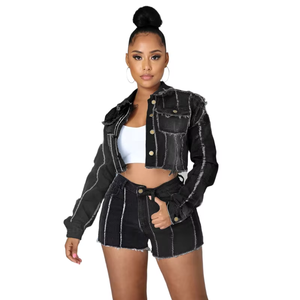 Women's <b>Cropped</b> <b>Denim</b> <b>Jacket</b> Shorts Set Solid Black Washed Raw Edge Casual Streetwear Full Sleeve Turn-down Collar - Product Image 1