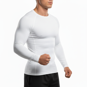 White Long Sleeve <b>Compression</b> <b>Shirt</b> <b>Men</b> Quick Dry Fitted Sports Top O Neck Athletic Training Tee Fight wear Rash guard - Product Image 3