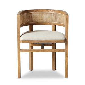 Esta es la silla de comedor Four Hands Cordoba, que tiene una estructura de madera de teca maciza en un color natural con un respaldo tejido de ratán. - Product Image 2