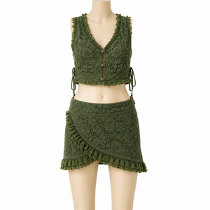 Women's Bohemian Crochet Two Piece Co Ord Set Sleeveless Crop <b>Top</b> Ruffle Mini Skirt Cotton Festival Beach Vacation Outfit Green - Product Image 1