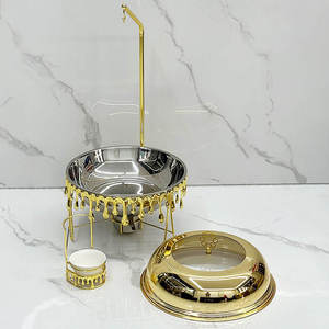 ถาดอุ่นอาหารบุฟเฟ่ต์ทรงกลมหรูหรา สแตนเลสสีทอง พร้อมขาตั้งทรงเสาประดับตกแต่งอย่างสวยงาม ฝาแก้ว เหมาะสำหรับงานแต่งงานและจัดเลี้ยง - Product Image 5