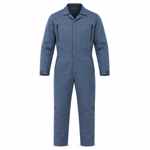 Combinaison industrielle homme en sergé robuste bleu poussière avec détails foncés, col ouvert, poches verticales pour outils, genoux renforcés, multi-usages - Product Image 1