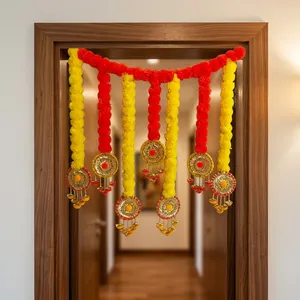 Modern Red Yellow Marigold Toran Door Hanging Eco-Friendly Plastic Flower Multi-Functional Golden <b>Floral</b> Medallions Bells Decor - Product Image 5
