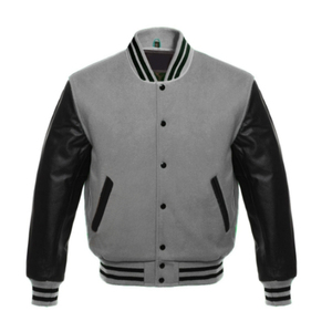 Veste universitaire verte pour homme avec manches en cuir PU noir, col rabattu, vêtement décontracté pour l'automne - Product Image 3
