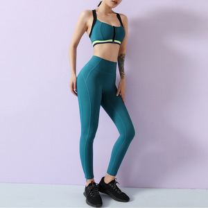 Ensemble de sport côtelé pour femme, extensible dans les 4 sens, avec soutien-gorge de sport à dos nageur et fermeture éclair frontale, et leggings taille haute, séchage rapide, pour le yoga - Product Image 3