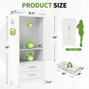 Armadio in Metallo Bianco con 2 Ante e Cassetti, Armadio Alto 180 cm per Camera da Letto, Guardaroba Leggero e Portatile - Product Image 3
