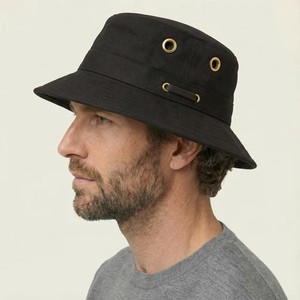 Premium Stitched Safari Denim Black Canvas Bucket <b>Hat</b> With Metal Ring Eyelets For <b>Men</b> Casual Spring Summer Wear Adjustable <b>Hat</b> - Product Image 1