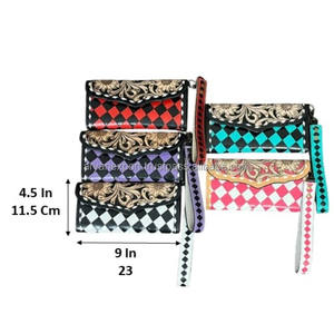 Cartera de mano de cuero genuino con patrón a cuadros y diseño floral repujado, hecha a mano, estilo vintage 2026, para mujer, estilo occidental - Product Image 2