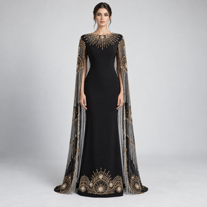 Midnight Black Modern Satin <b>Cape</b> Gown for <b>Women</b> Antique Gold Embroidery Crystal Fringe Detailing Elegant Floor Length Silhouette - Product Image 1