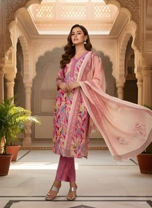 Conjunto de traje de mezcla de algodón rosa premium, kurta recta con cuello en V, pantalón parcialmente elástico con bolsillo, solo venta al por mayor - Product Image 5