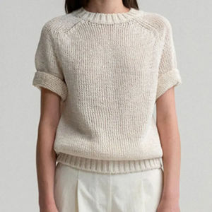 Pull en maille à manches courtes et col rond pour femme, couleur unie minimaliste, coupe classique, anti-boulochage, printemps-été - Product Image 1