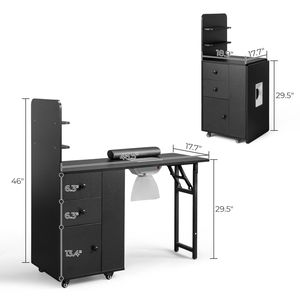 Bureau à ongles pliable en MDF noir avec 2 tiroirs et une porte de placard, table de manucure avec étagère de rangement - Product Image 4