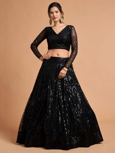 Ensemble Lehenga Choli brodé de sequins noirs, robe trapèze en tulle, col en V, manches longues, longueur ras du sol, tenue de demoiselle d'honneur pour soirée et mariage - Product Image 3