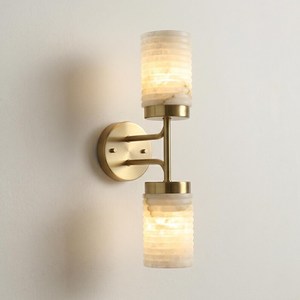 Applique murale moderne en laiton à deux lumières, amovible, pour Diwali, avec plaque arrière ronde et abat-jour cylindrique en marbre, pour montage mural intérieur, lampe personnalisable - Product Image 2
