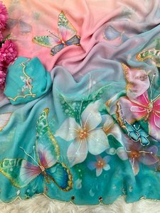 Sari imprimé papillon, tenue indienne pour femme, coupe classique, idéal pour les fêtes et mariages, accompagné d'un chemisier numérique en tissu fluide. - Product Image 6