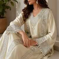 Salwar indien de luxe pour femme, en Georgette ivoire, longueur cheville, coupe classique, style pakistanais, avec broderie riche et perles, design ethnique
