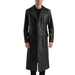 <b>Men's</b> <b>Black</b> Genuine Leather Double Breasted Waterproof Trench Coat Notched Lapel Knee Length <b>Overcoat</b> - Product Image 3