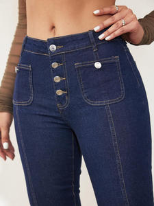 High Waist Flare Denim <b>Jeans</b> Women Dark Blue Full Length Casual Autumn Wear 100% Cotton <b>Button</b> Front Style - Product Image 4