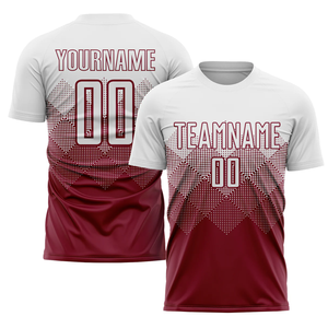 ชุดยูนิฟอร์มฟุตบอลพิมพ์ลายดิจิทัลตามสั่ง เสื้อแขนสั้นสีขาวแดงเลือดหมูสำหรับผู้ชาย พิมพ์ชื่อทีม ระบายเหงื่อได้ดี บริการ OEM - Product Image 5