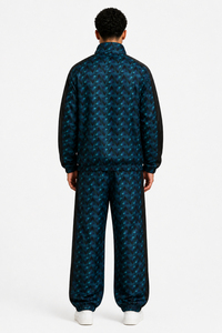 Men Geometric Print Knitted Tracksuit Set <b>Stand</b> Collar Full Zip Jacket Pants Breathable Satin Fabric Street Style Autumn Wear - Product Image 4