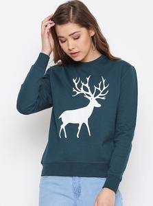 Sudadera de cuello redondo para mujer con estampado de ciervo blanco, top informal de invierno de algodón azul oscuro - Product Image 6