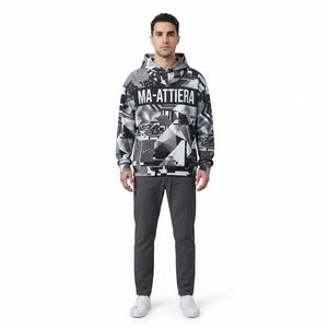 Sweat-shirt à capuche noir et blanc pour homme avec imprimé graphique géométrique, streetwear personnalisé - Product Image 1