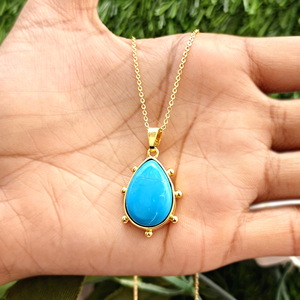 Collier bohème en pierres précieuses, pendentif turquoise bleu en forme de larme, collier pour femme, collier à perles, design de créateur, plaqué or 18 carats, chaînes de mode. - Product Image 3