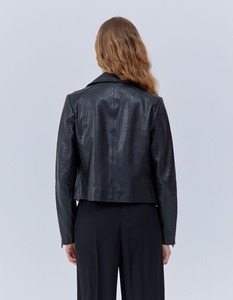 Chaqueta de Motociclista para Mujer, de Cuero Genuino con Grabado de Cocodrilo, Cuello Camisero, Manga Larga, Estilo Otoñal - Product Image 1
