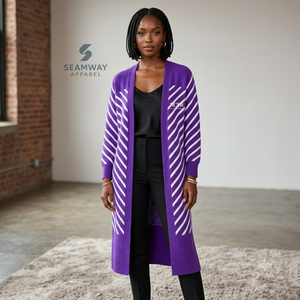 Cárdigan largo con frente abierto para mujer NCNW, suéter morado con rayas blancas, puños acanalados, bordado y aberturas laterales - Product Image 6