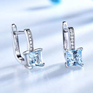 Pendientes de Clip Románticos, Lindos y Modernos, con Gema Azul Cielo, Circonita Cúbica, Corte Princesa, Plata de Ley 925, Regalo - Product Image 3