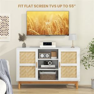 Credenza Bianca Naturale con Motivi Intrecciati in Bambù, 3 Ripiani Aperti e 2 Armadietti per Cucina o Sala da Pranzo di Villa - Product Image 6