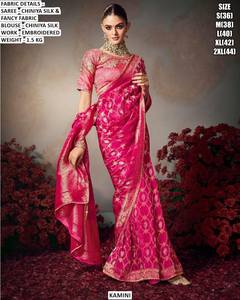 Sari de Seda Bordado Chiniya Morado Raaya, Textil Tradicional de Invierno Shree Krishna, Absorbente de Humedad y Antiarrugas - Product Image 4